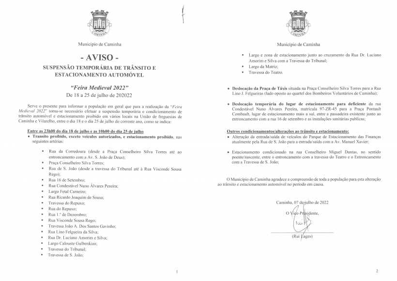 AVISO - Altera&ccedil;&atilde;o tempor&aacute;ria &agrave; postura de tr&acirc;nsito autom&oacute;vel - ARTBEERFEST 2022