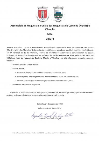 Edital - Assembleia de Freguesia da Uni&atilde;o das Freguesias de Caminha (Matriz) e Vilarelho