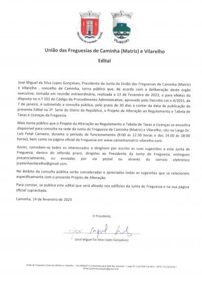 Projeto de Altera&ccedil;&atilde;o ao Regulamento e Tabela de Taxas e Licen&ccedil;as da Freguesia