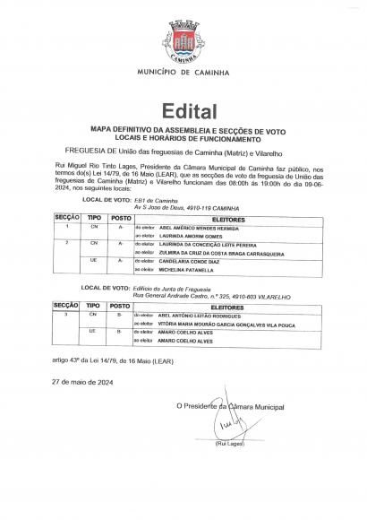 Mapa Definitivo da Assembleia e Sec&ccedil;&otilde;es de Voto - Locais e Hor&aacute;rios de Funcionamento